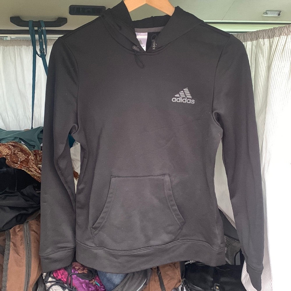 Adidas black grey triple stripe athletics hoodie Sz S women’s drawstring hood